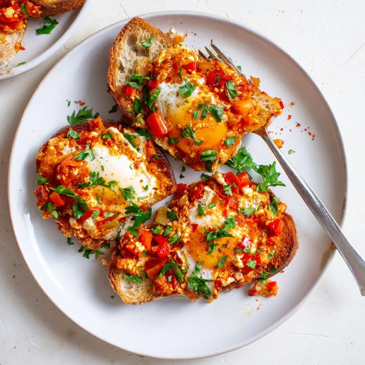 Middle Eastern shakshouka toast with tender eggs and bell peppers in seasoned tomato sauce atop golden bread