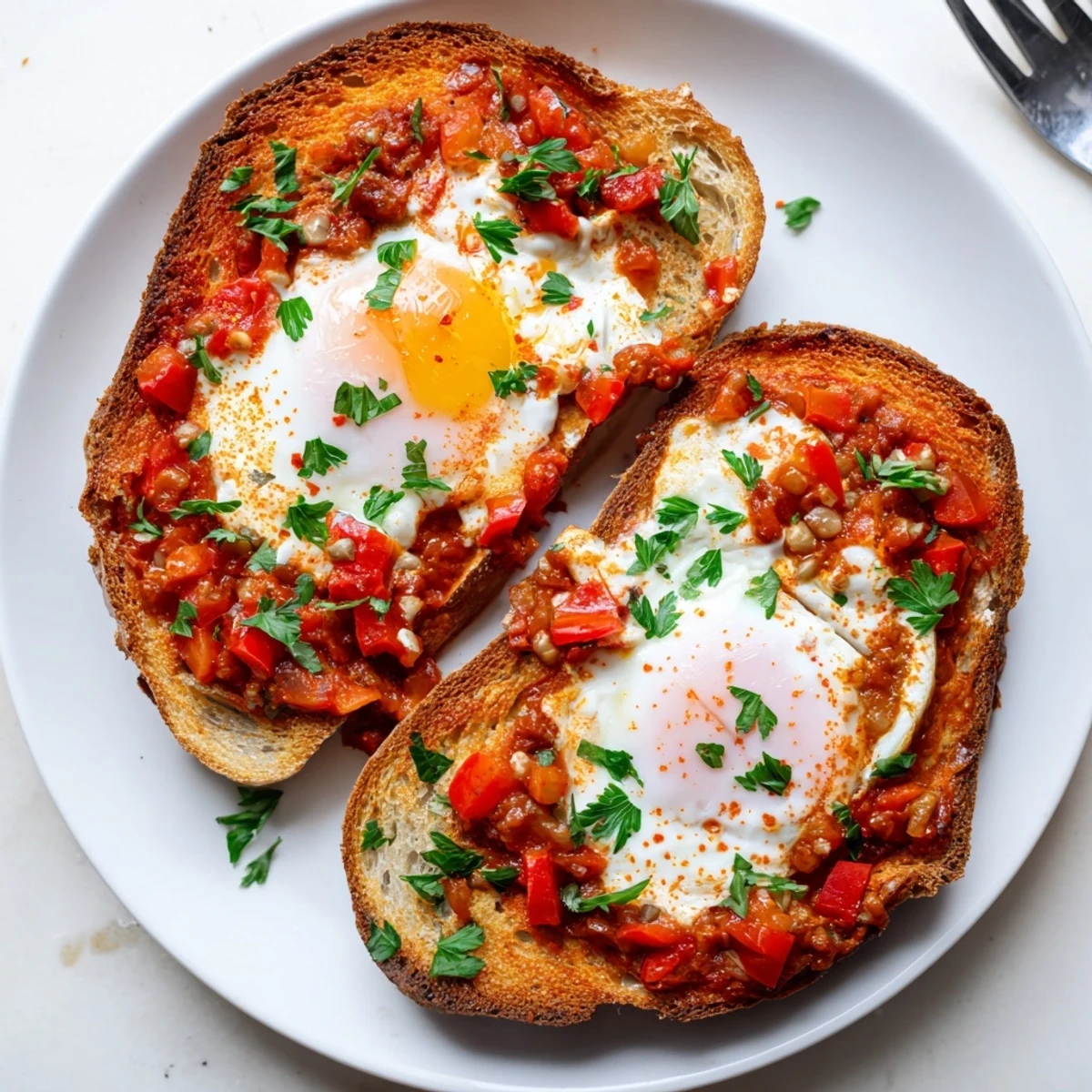 Hearty shakshouka toast with eggs poached in vibrant red tomato paprika sauce served on toasted bread slices