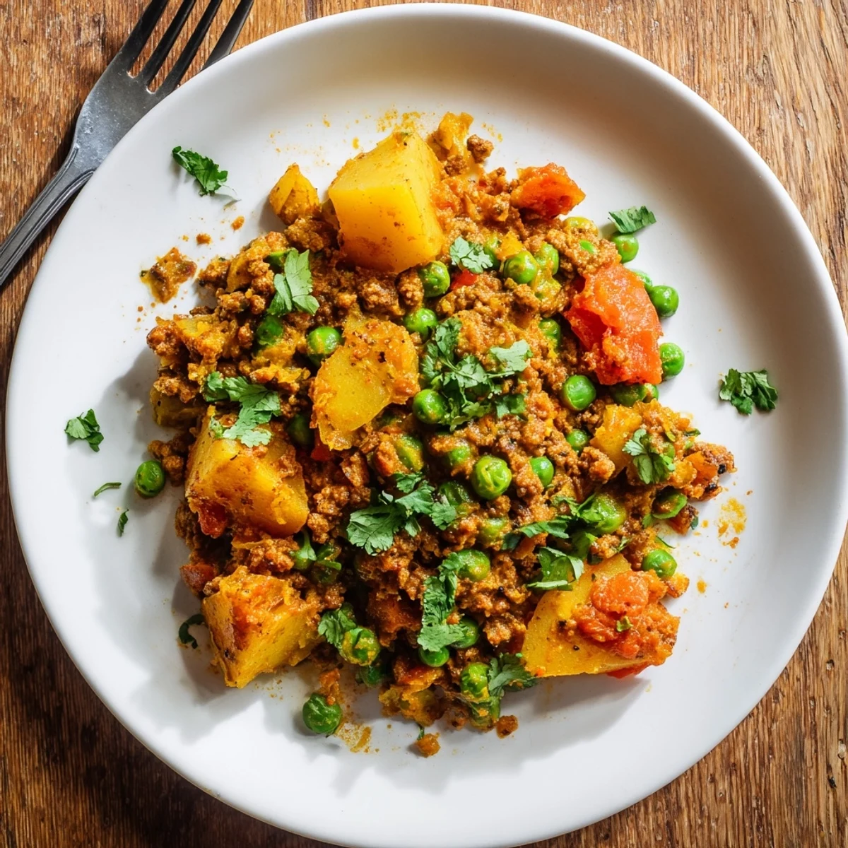 Hearty potato mince skillet with tender beef, aromatic spices, and fresh cilantro garnish