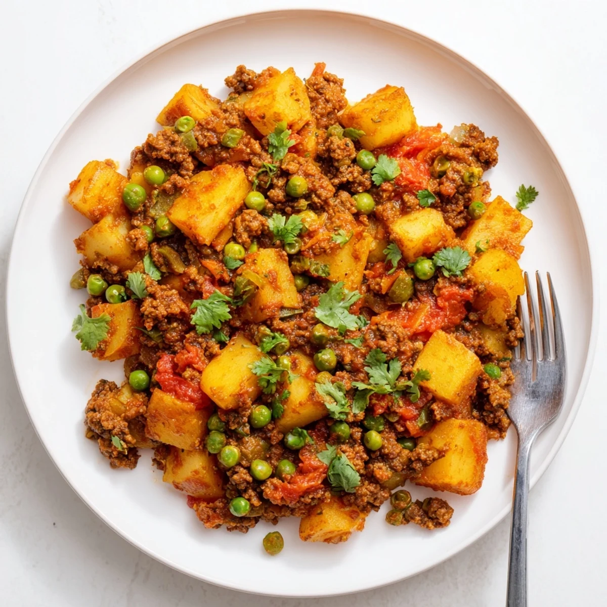 Comforting Anglo-Indian potato mince served over steamed white rice with fluffy naan bread