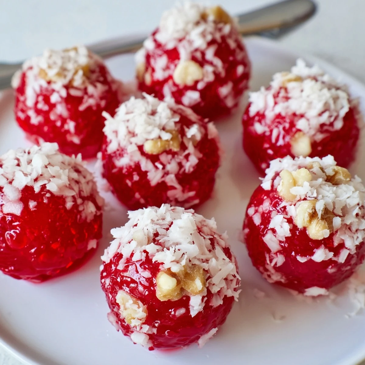 Plate of Christmas Jello Balls rolled in coconut, chewy marshmallow surprise