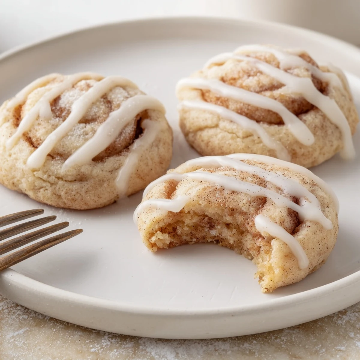 Drizzled Cinnamon Roll Cheesecake Cookies served with milk, soft cinnamon swirl  