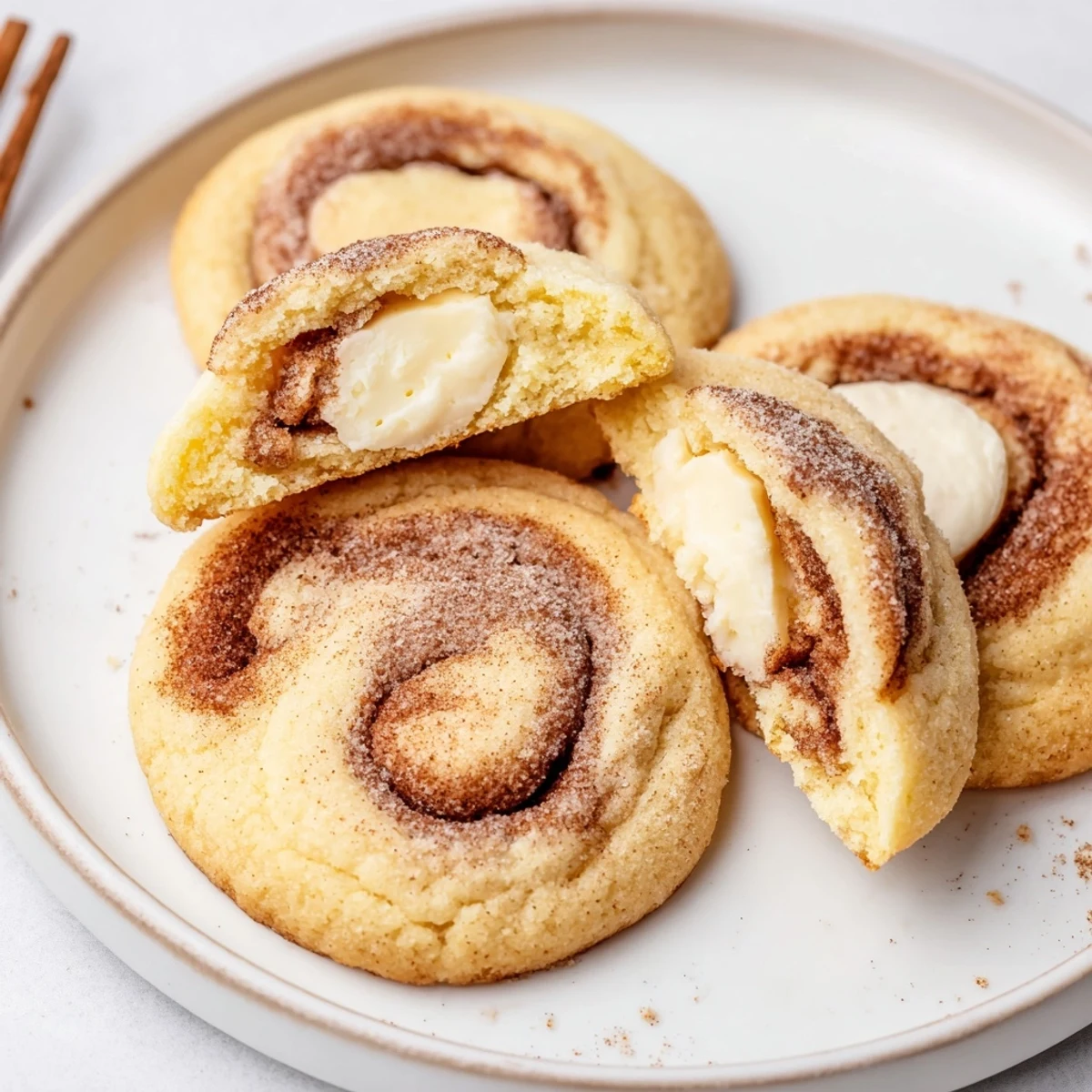 Stack of Cinnamon Roll Cheesecake Cookies, golden edges and cinnamon aroma