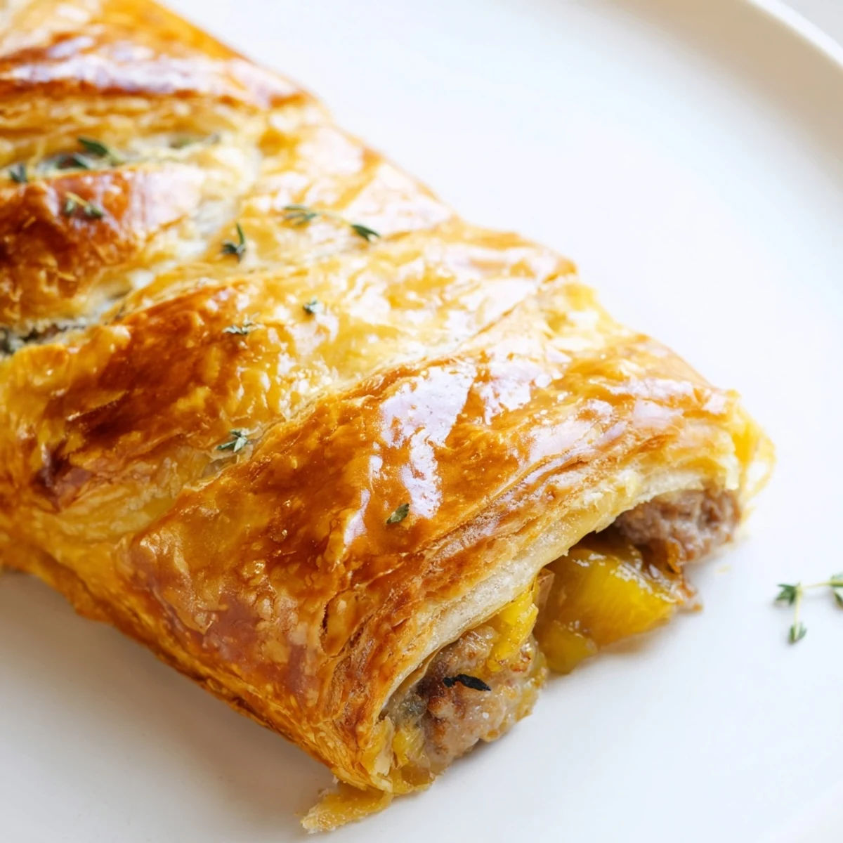 Golden brown French onion sausage rolls with flaky pastry and caramelized onion filling