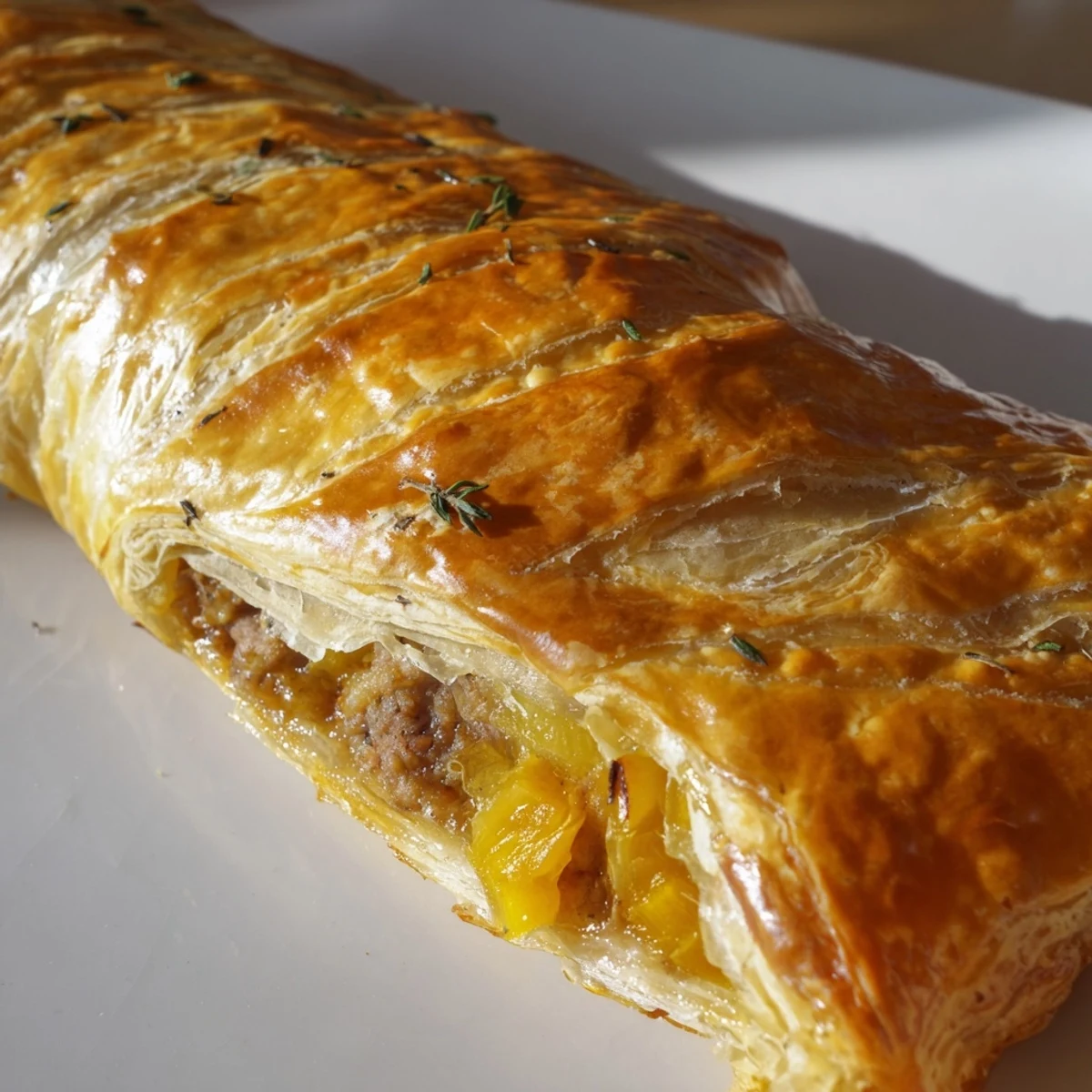 Baked French onion sausage rolls featuring puff pastry wrapped around savory pork and onions