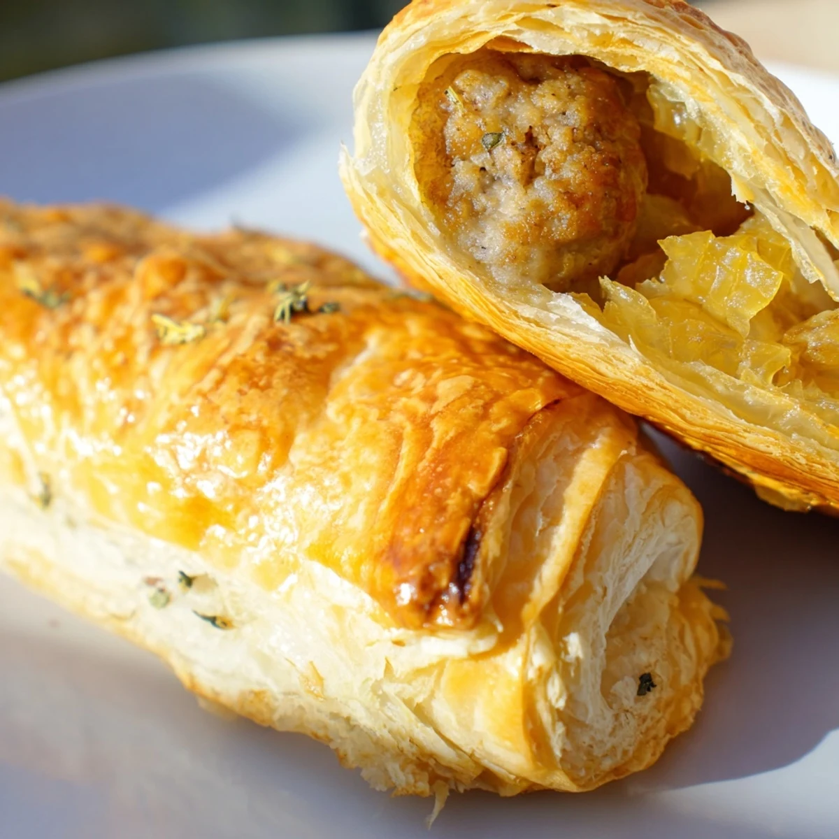 Flaky golden French onion sausage rolls served warm on a white wire cooling rack