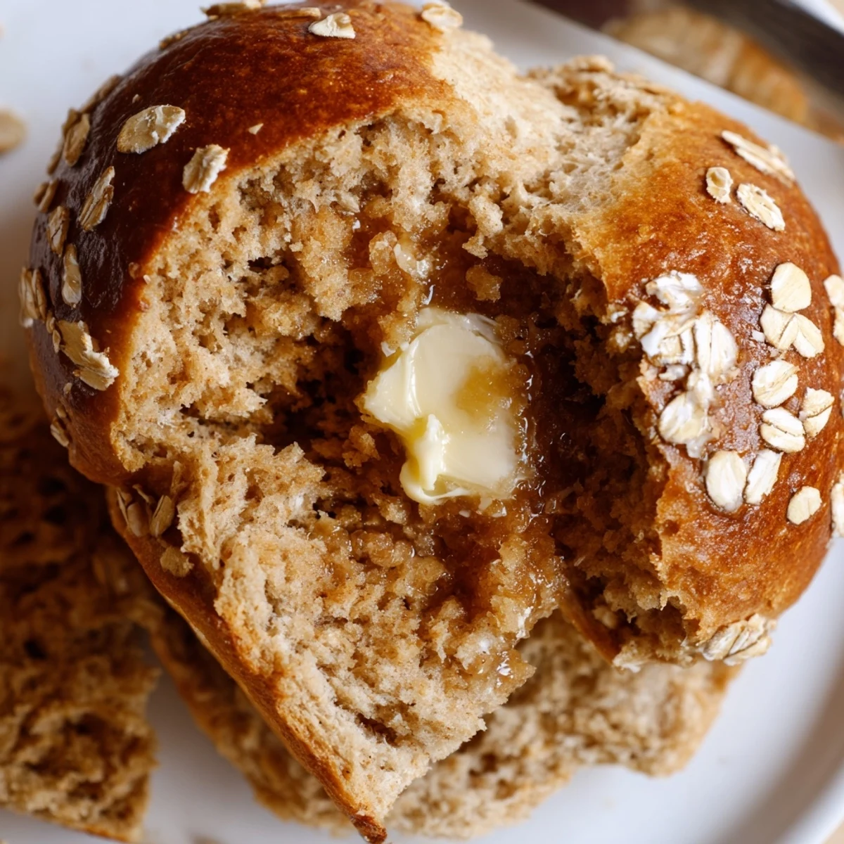 Warm Rustic Oatmeal Molasses Dinner Rolls served with butter melting, nutty oats.