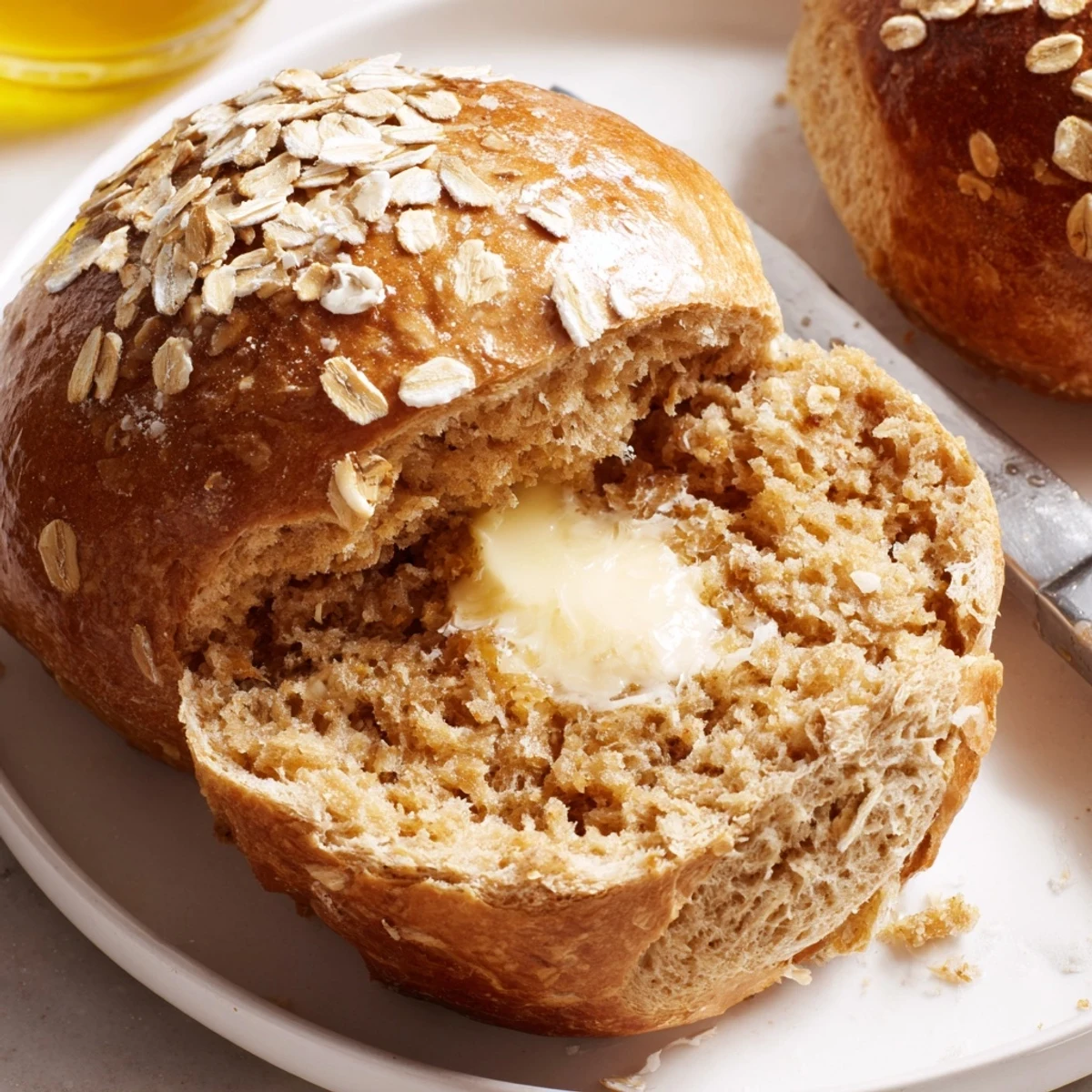 Rustic Oatmeal Molasses Dinner Rolls fresh from oven, golden crust, oat-sprinkled.