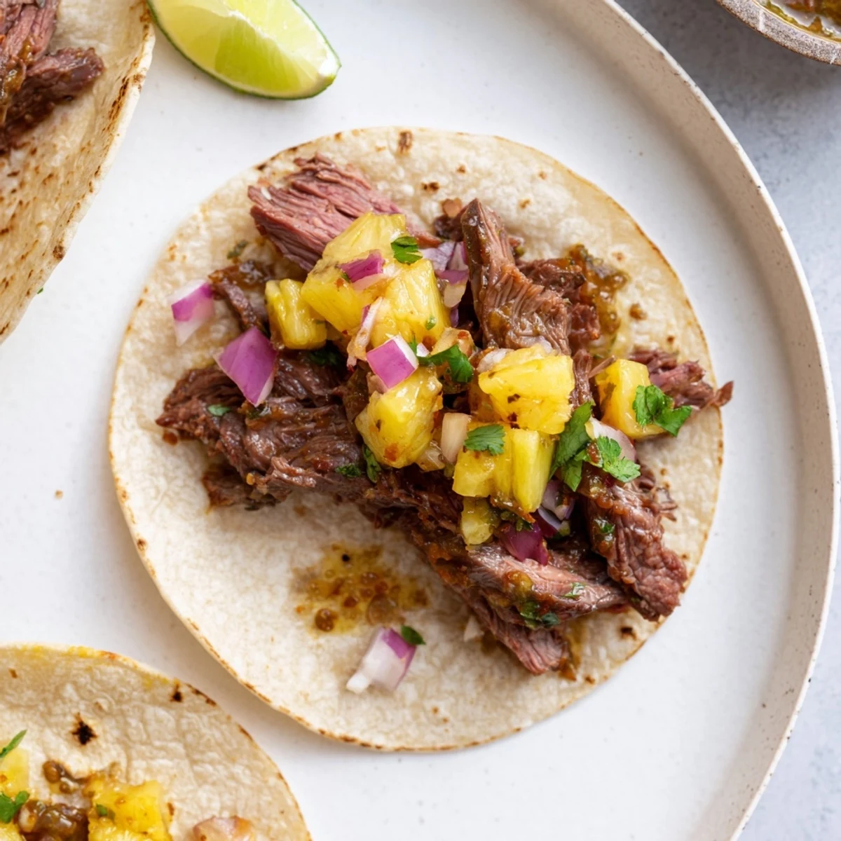 Savory Beef Al Pastor Tacos Delight with charred strips, pineapple, cilantro