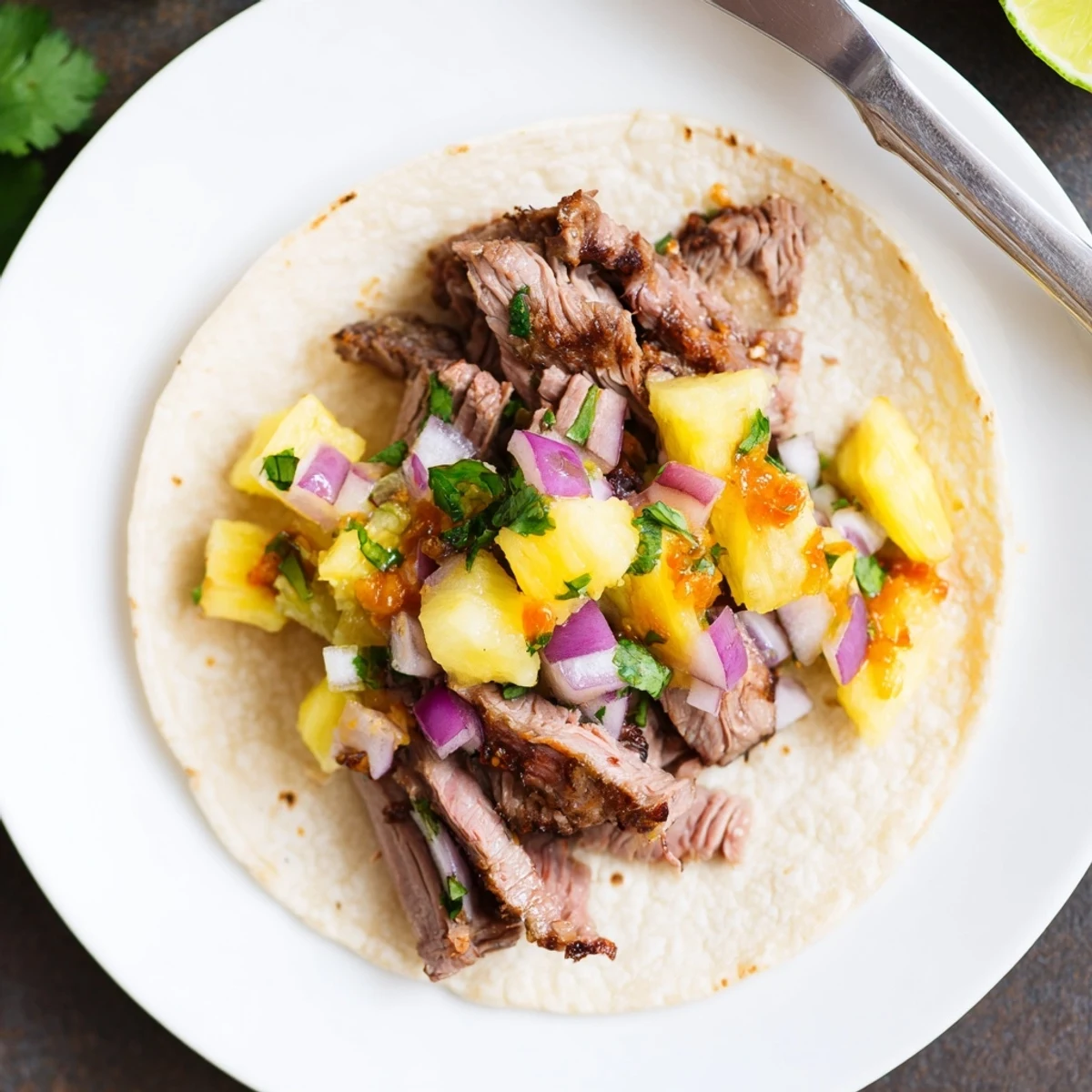 Grilled Savory Beef Al Pastor Tacos Delight on warm corn tortillas, lime