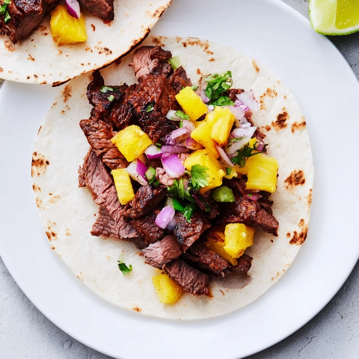 Weeknight Savory Beef Al Pastor Tacos Delight piled with juicy pineapple, red onion