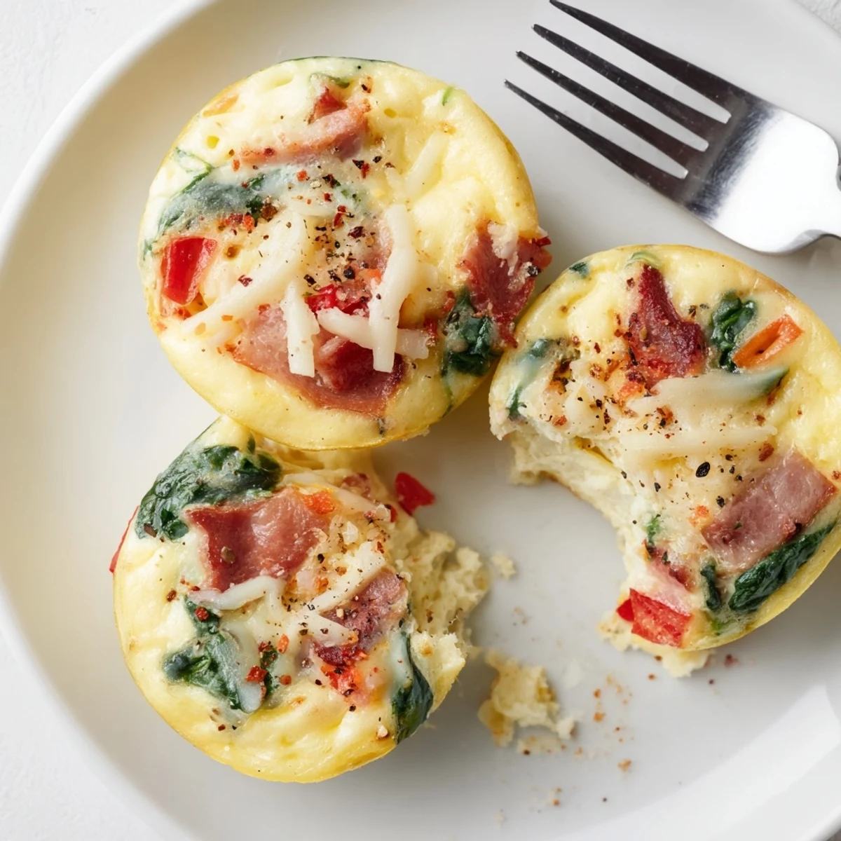 Golden, fluffy High Protein Egg Bites stacked on plate, speckled with spinach.
