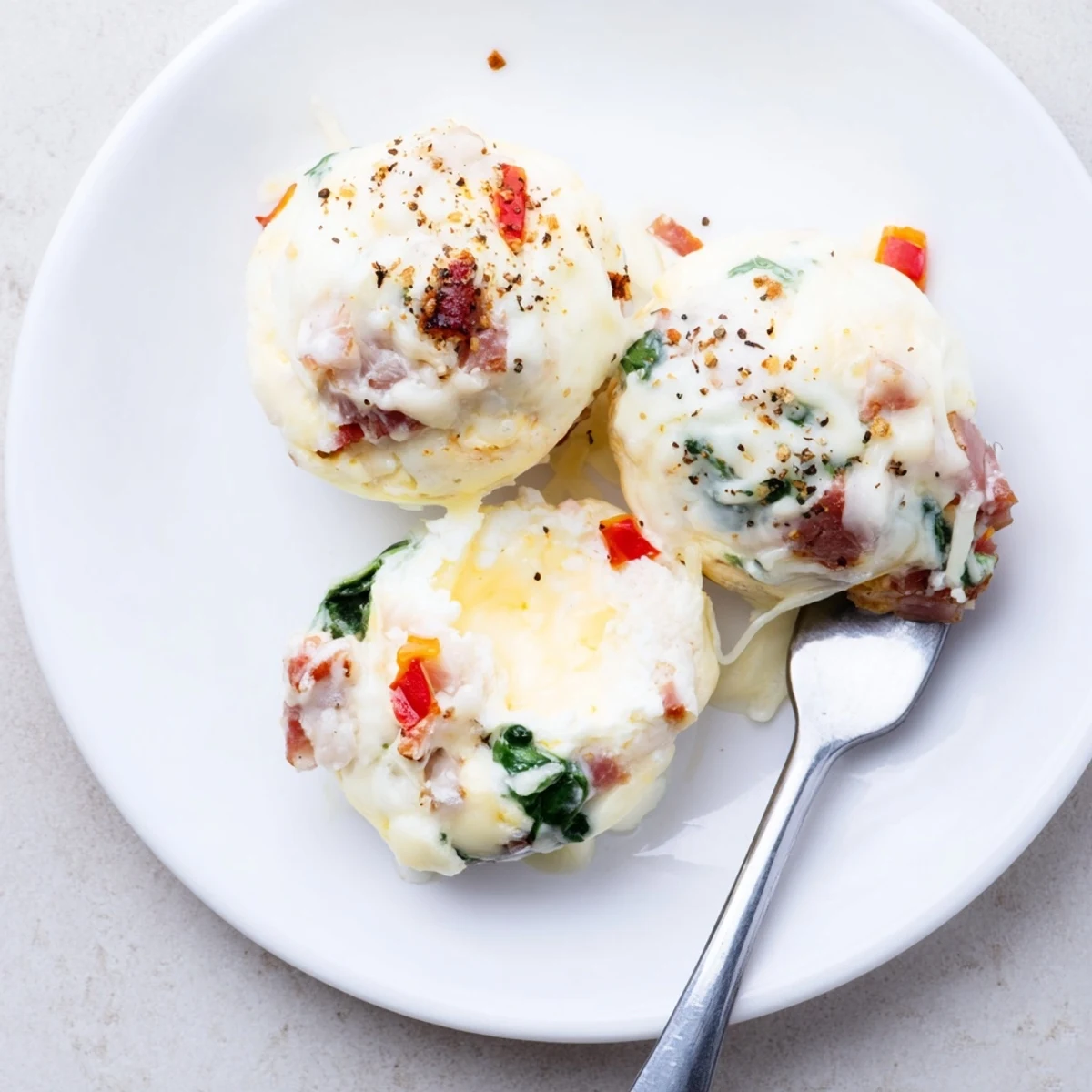 Fresh from the oven High Protein Egg Bites steaming, browned tops, colorful peppers.