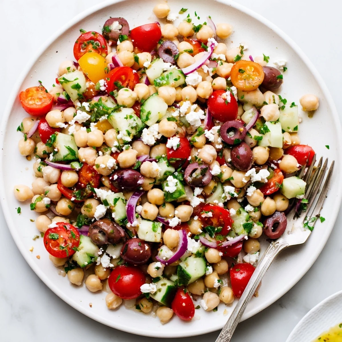 Vibrant bowl of Mediterranean chickpea delight with colorful vegetables and zesty olive oil dressing