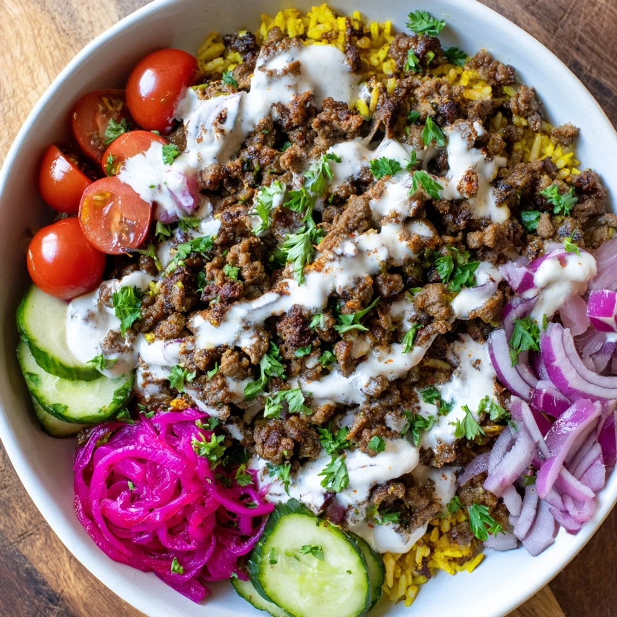 Golden turmeric rice bowl topped with spiced ground beef shawarma and fresh vegetables