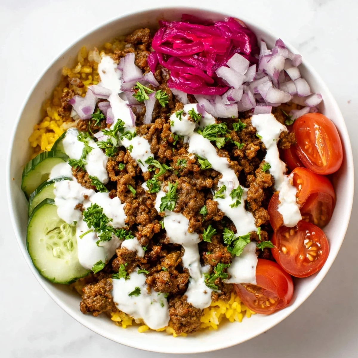 Vibrant ground beef shawarma bowl drizzled with creamy garlic yogurt sauce and parsley