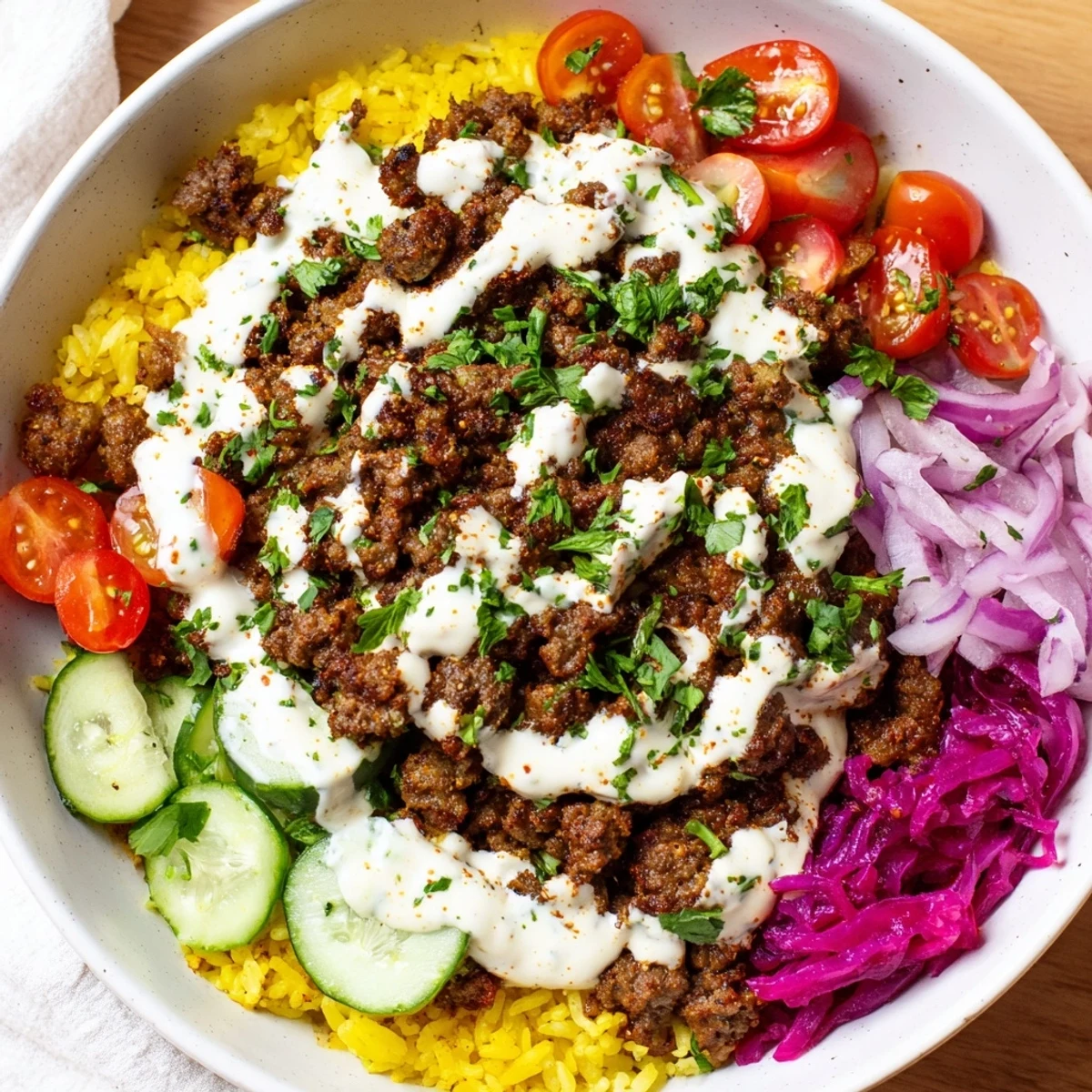 Middle Eastern-inspired ground beef shawarma bowl with colorful tomatoes, cucumbers, and onions