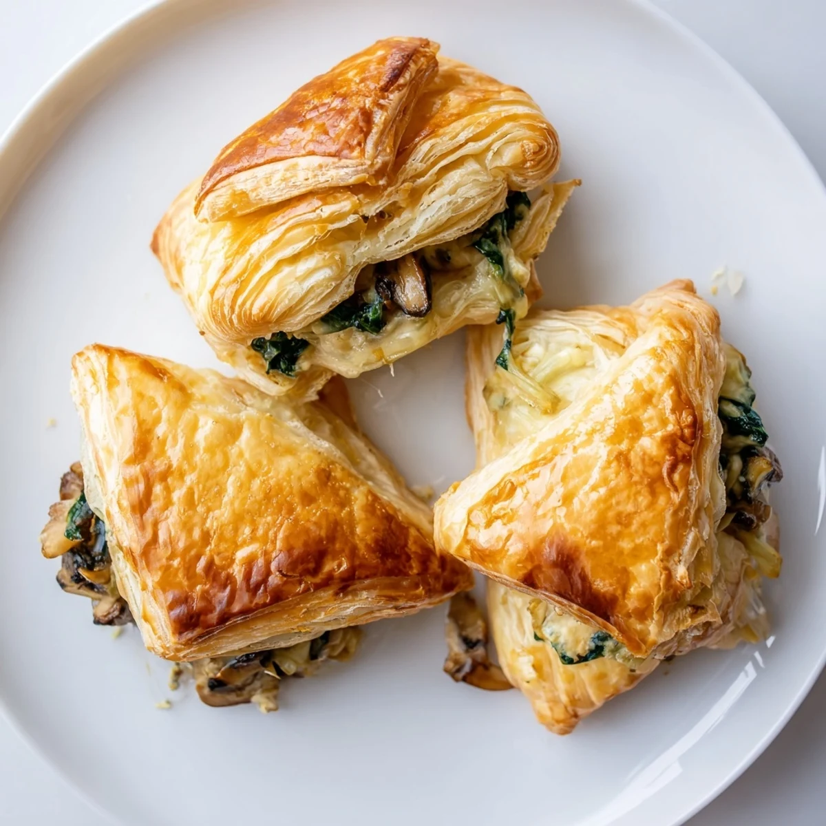 Golden, flaky Savory Spinach And Mushroom Puff Delights steaming on parchment.