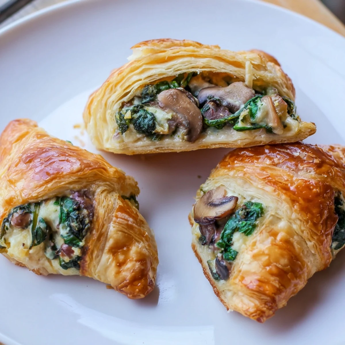 Bite-sized Savory Spinach And Mushroom Puff Delights with creamy ricotta, warm.