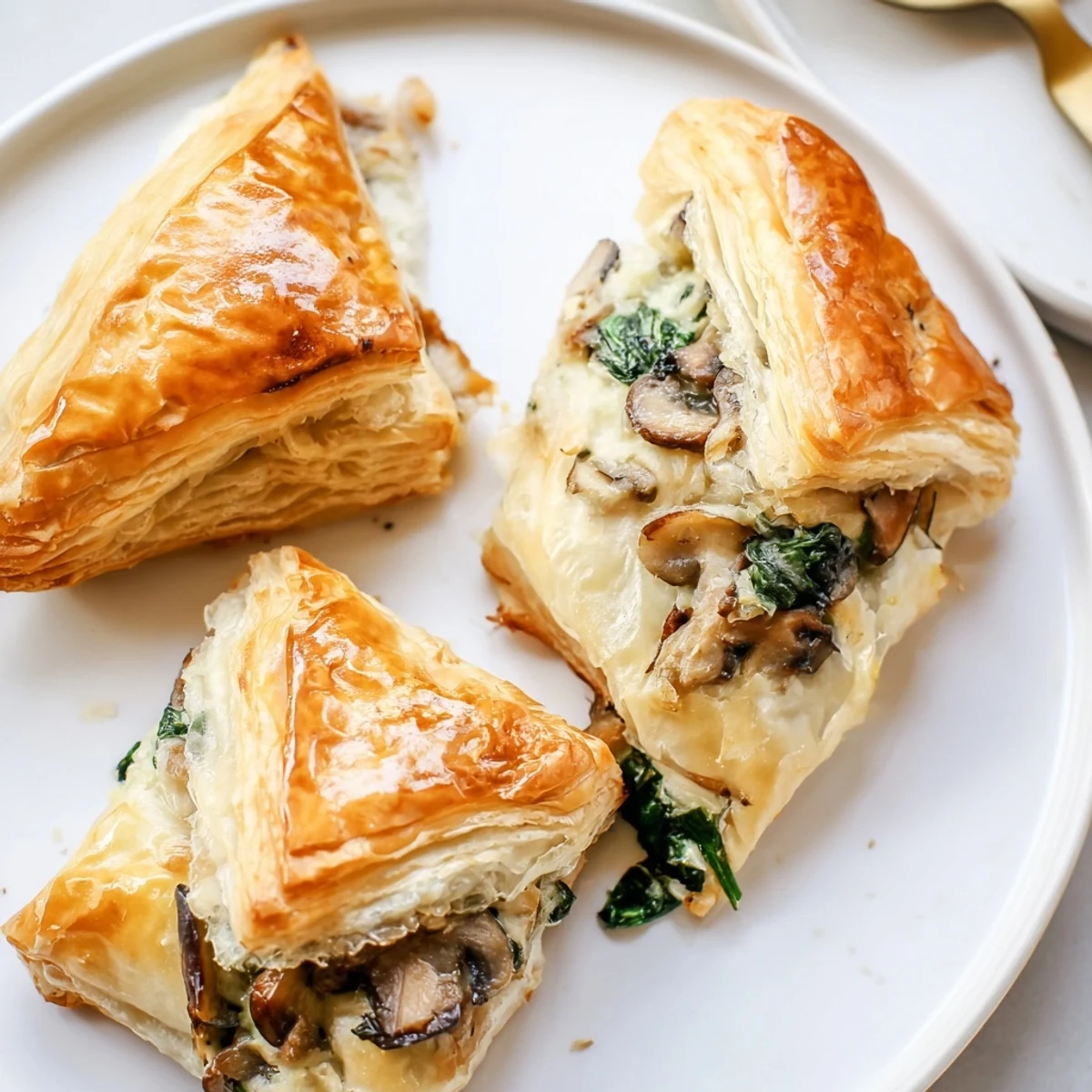 Fresh-baked Savory Spinach And Mushroom Puff Delights on platter, served with salad.