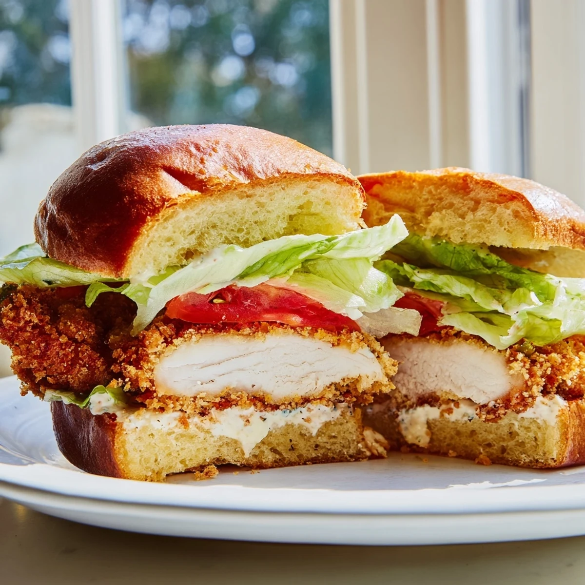 Golden brown crispy chicken sandwich with Caesar dressing on toasted brioche bun