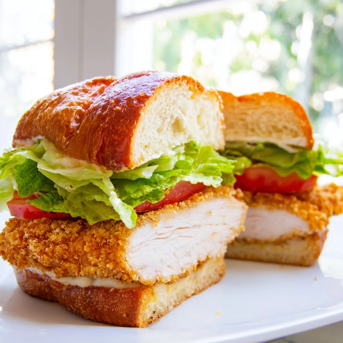 Crispy chicken sandwich featuring crunchy fried chicken breast with fresh lettuce and tomatoes