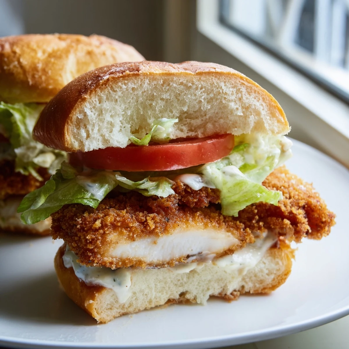 Homemade crispy chicken sandwich with creamy Caesar dressing served on warm toasted bun