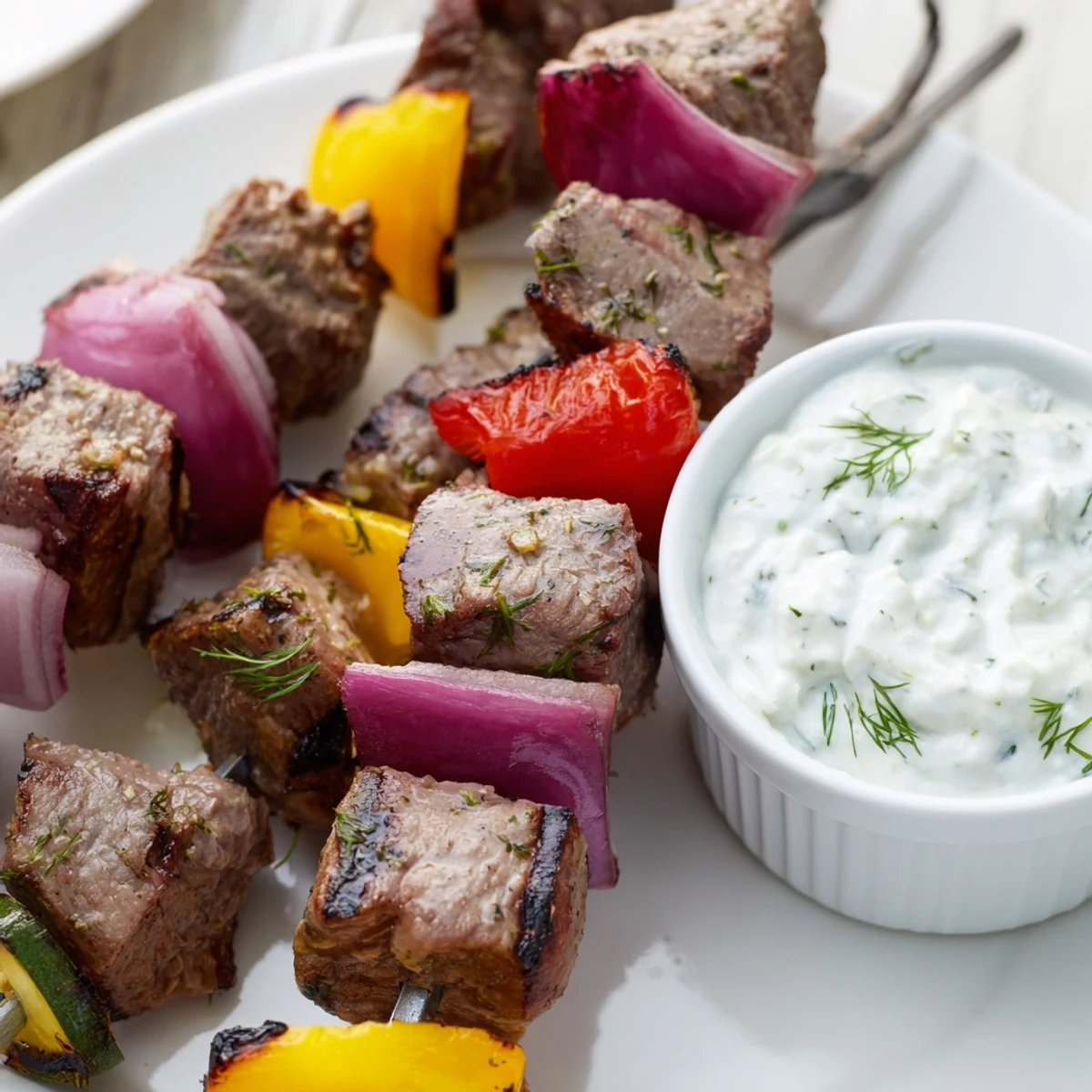 Golden grilled Greek beef kabobs with colorful peppers served alongside creamy whipped feta tzatziki dip
