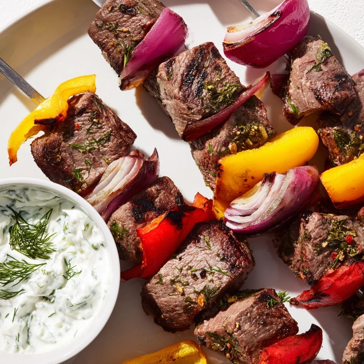 Charred Greek beef kabobs on a platter with a bowl of smooth whipped feta tzatziki sauce
