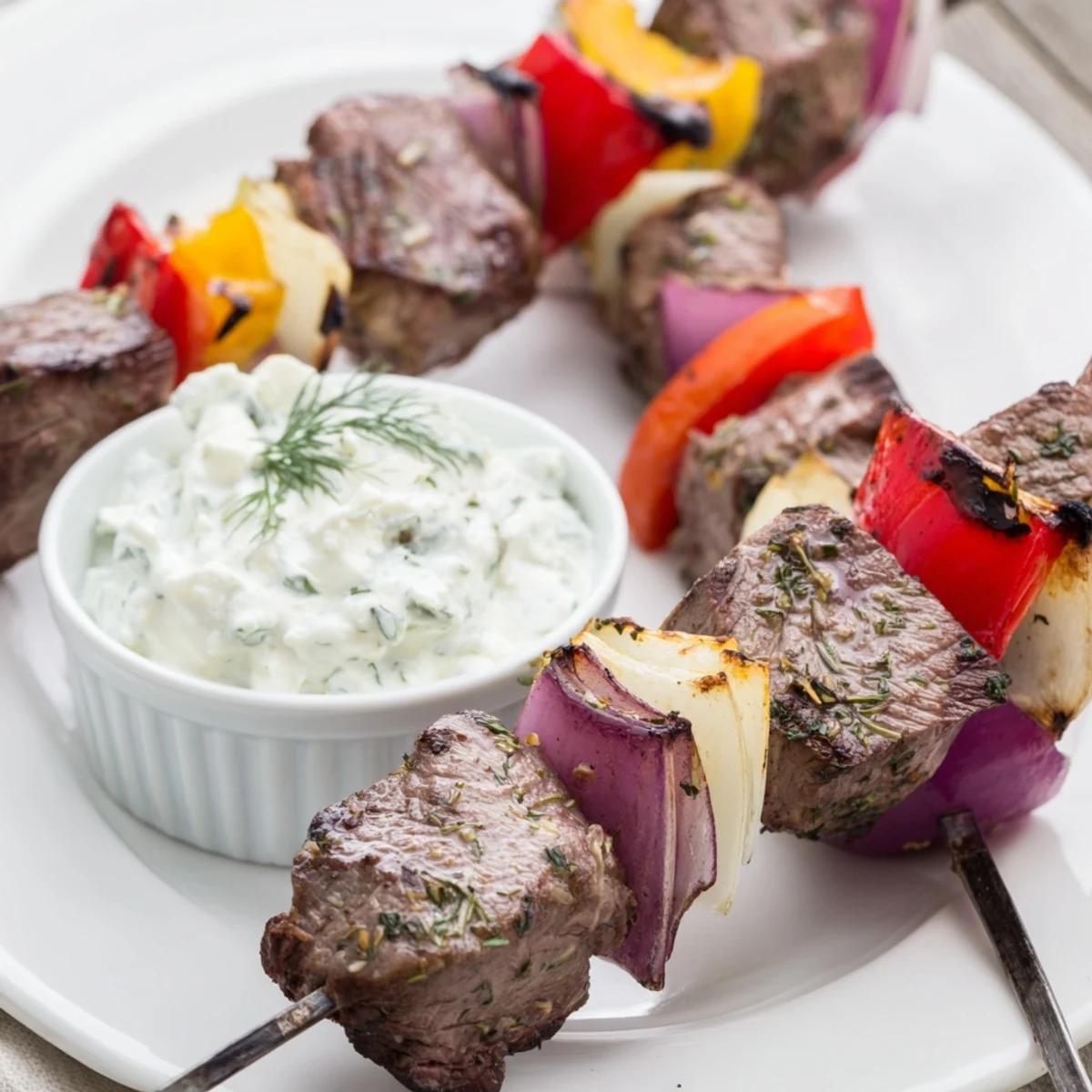 Tender marinated beef skewers threaded with onions and bell peppers paired with cool whipped feta tzatziki