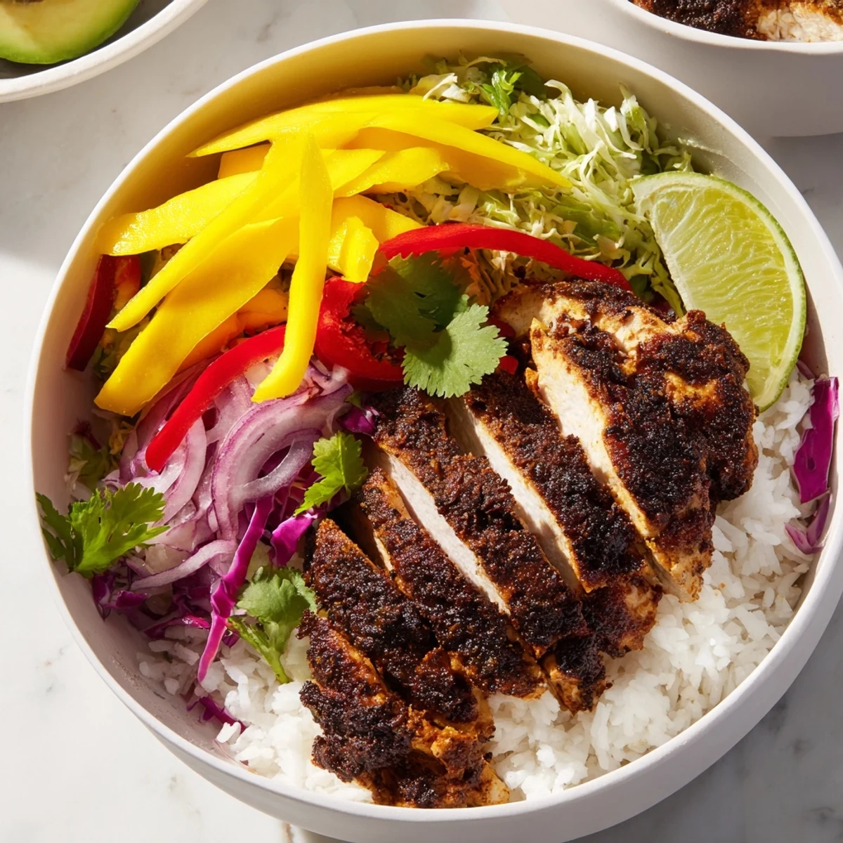 Colorful jerk chicken bowls with mango lime slaw served over fluffy white rice