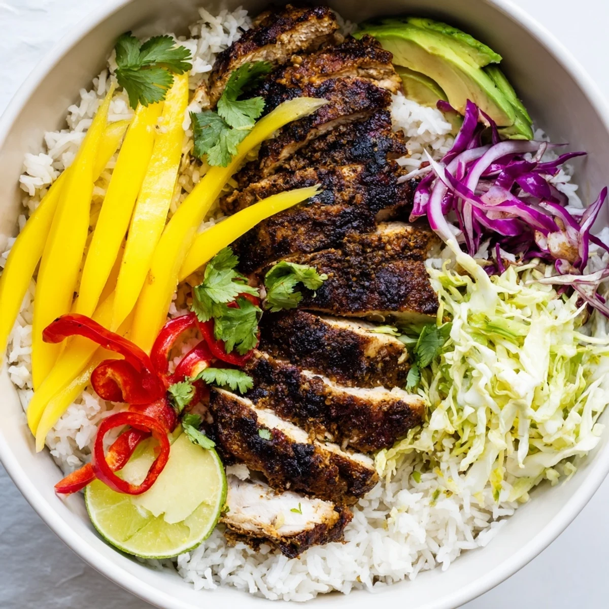 Spicy jerk chicken slices topped with fresh mango slaw and creamy avocado in bowls
