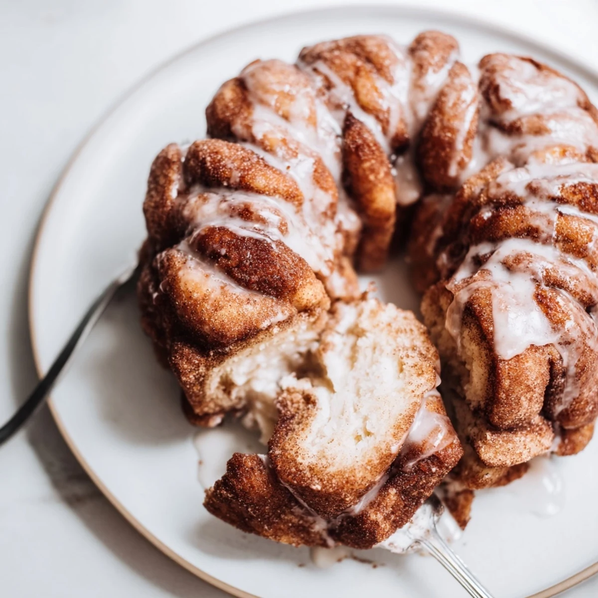 Cinnamon Roll Monkey Bread piled warm, gooey cinnamon sugar pull-apart pieces