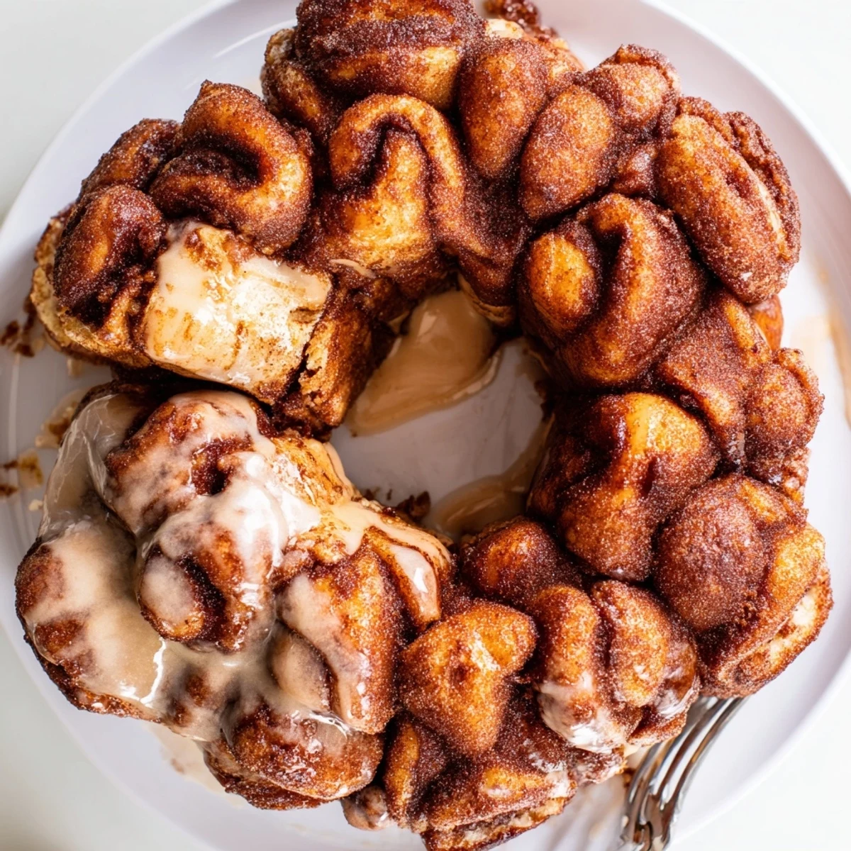Drizzled icing on Cinnamon Roll Monkey Bread cooling in a bundt pan