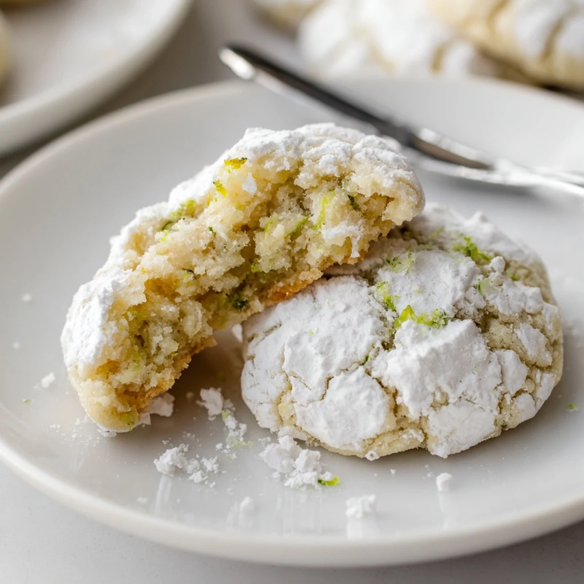 Tropical Coconut Key Lime Crinkle Cookies stacked on plate, powdered sugar glistening