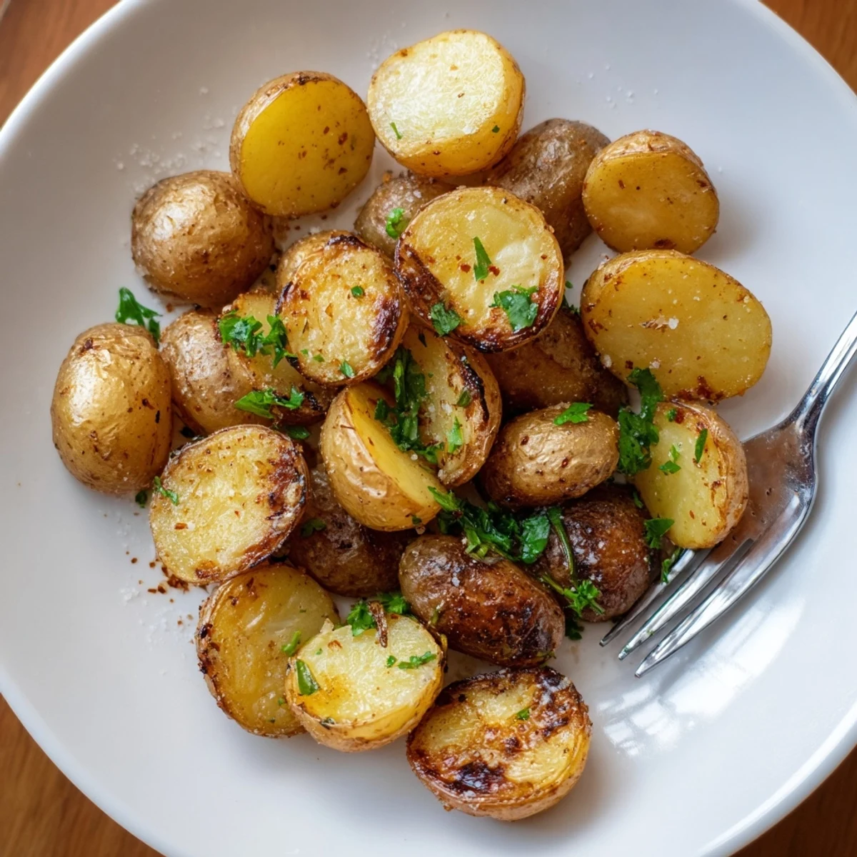 Crispy Oven Roasted Baby Potatoes, golden and herb scented, steaming on plate