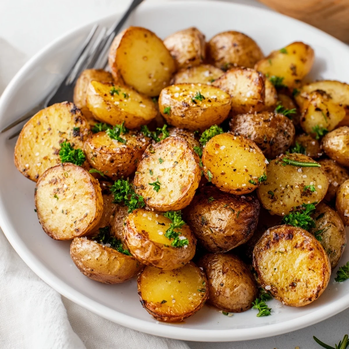Warm Crispy Oven Roasted Baby Potatoes with smoked paprika, parsley garnish
