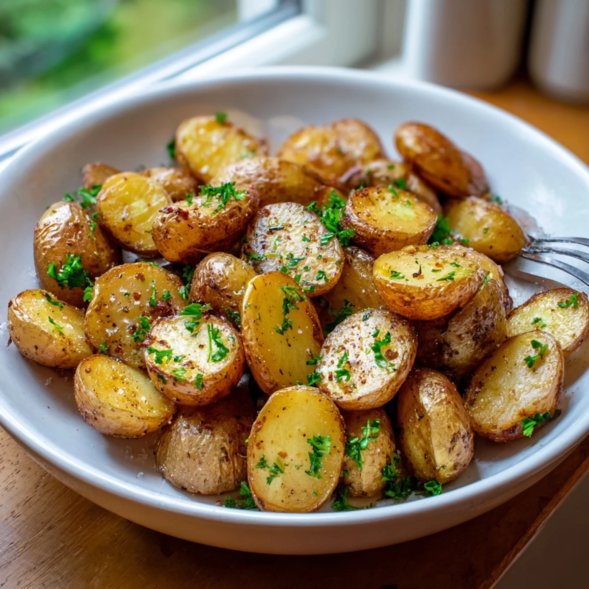 Sheet pan of Crispy Oven Roasted Baby Potatoes, cut sides browned, ready