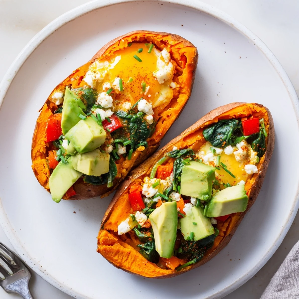 Sweet Potato Breakfast Boats topped with creamy avocado, runny eggs, and chives.