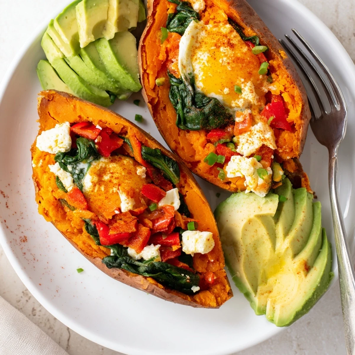 Oven-baked Sweet Potato Breakfast Boats filled with sautéed peppers, spinach, and feta.