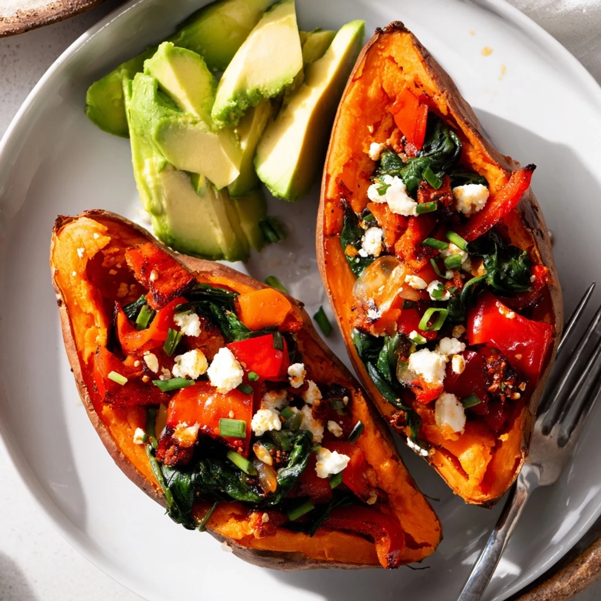 Morning Sweet Potato Breakfast Boats served warm on a plate with hot sauce.