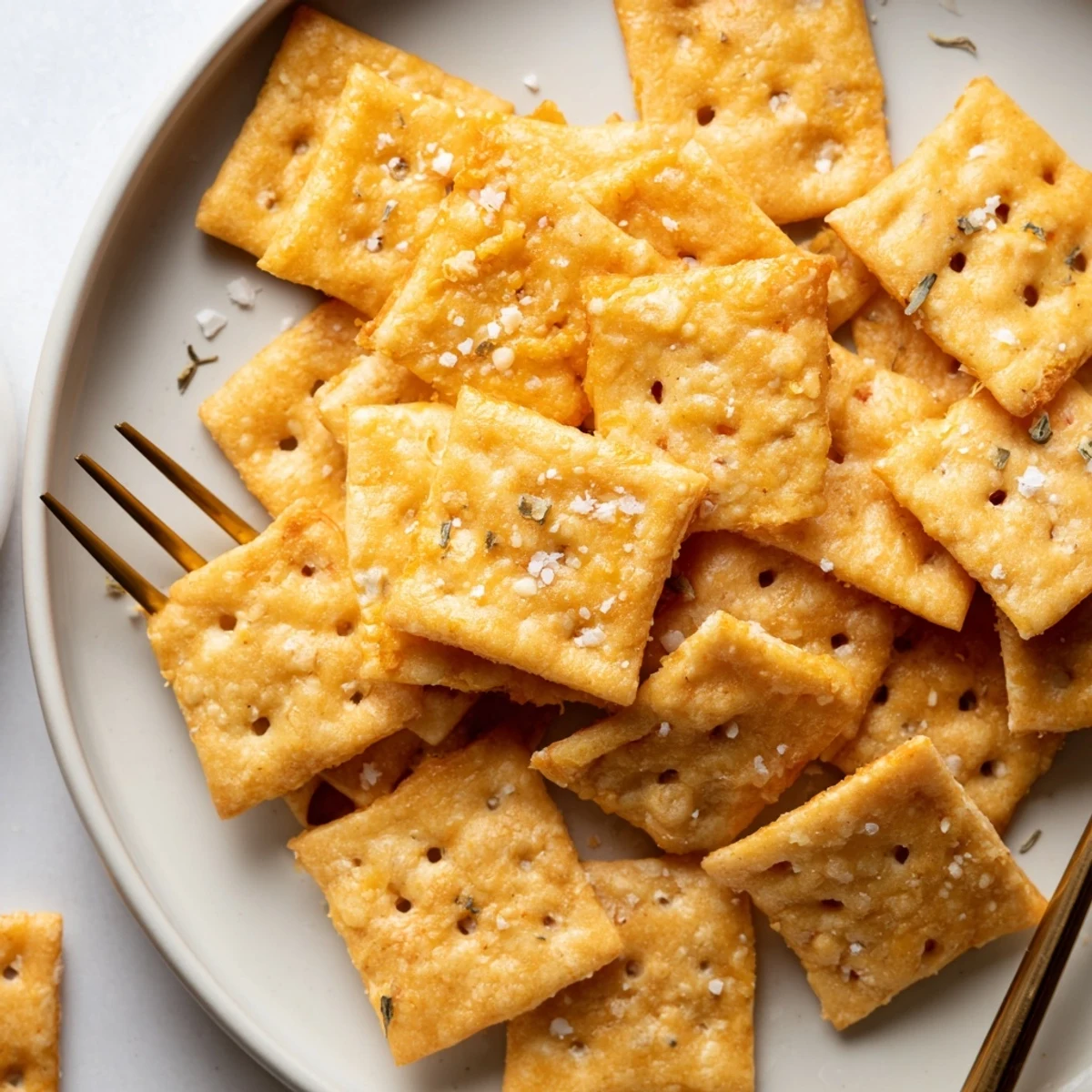 Sourdough Cheddar Snack Crackers stacked golden, crisp edges, sprinkled with coarse sea salt.