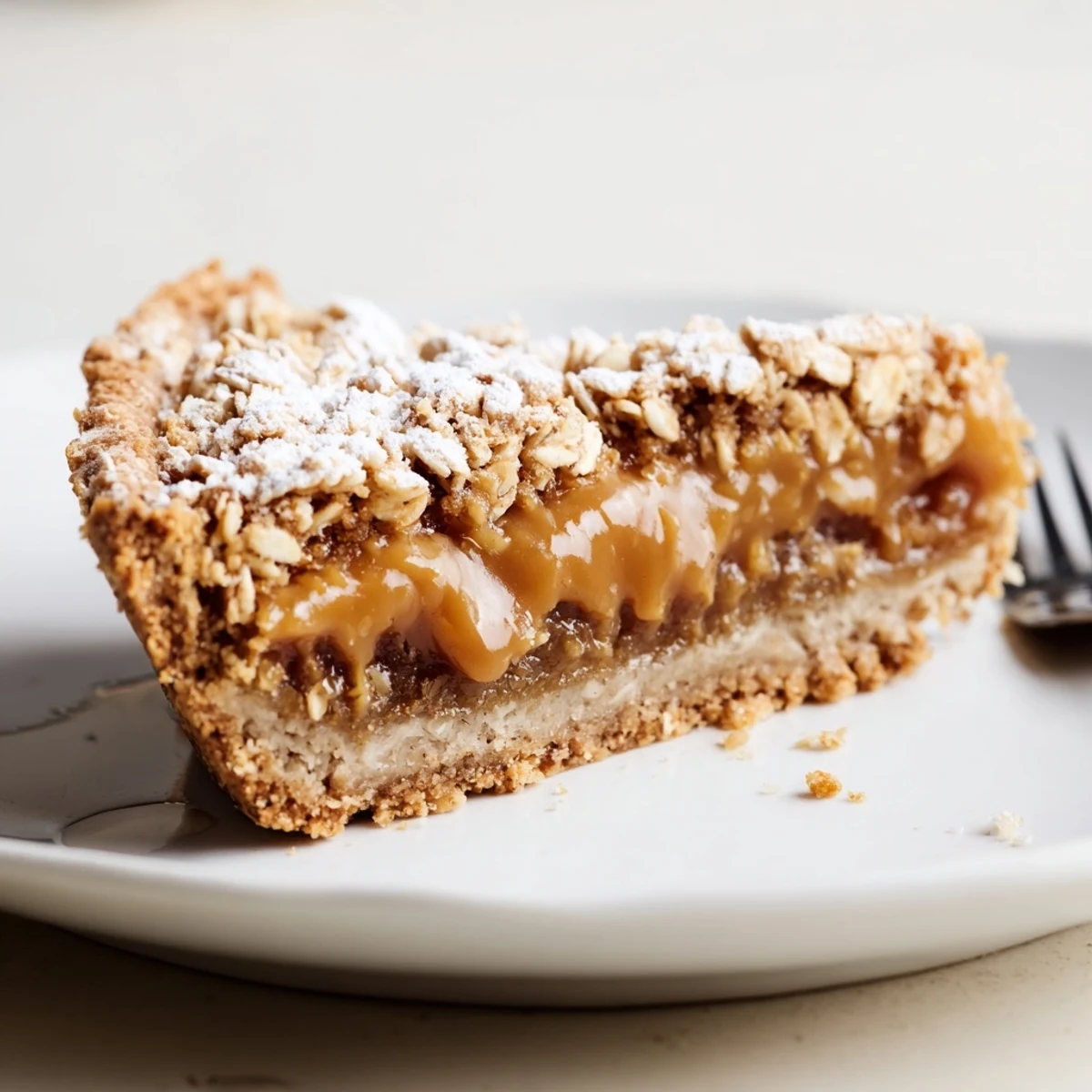 Sliced Milk Bar Crack Pie showing gooey caramel filling and powdered sugar.
