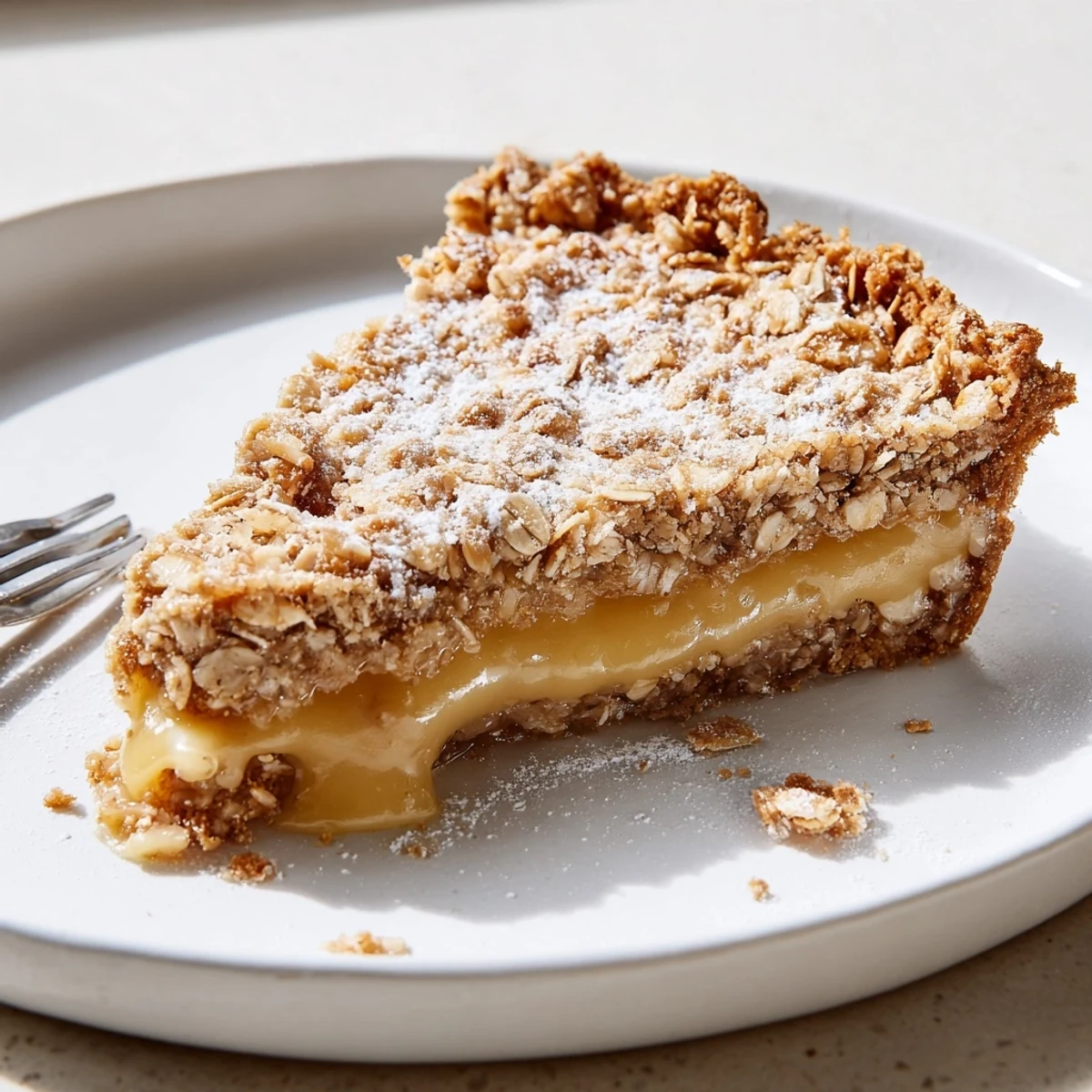 Warm Milk Bar Crack Pie with chewy oat crust, plated with cream.