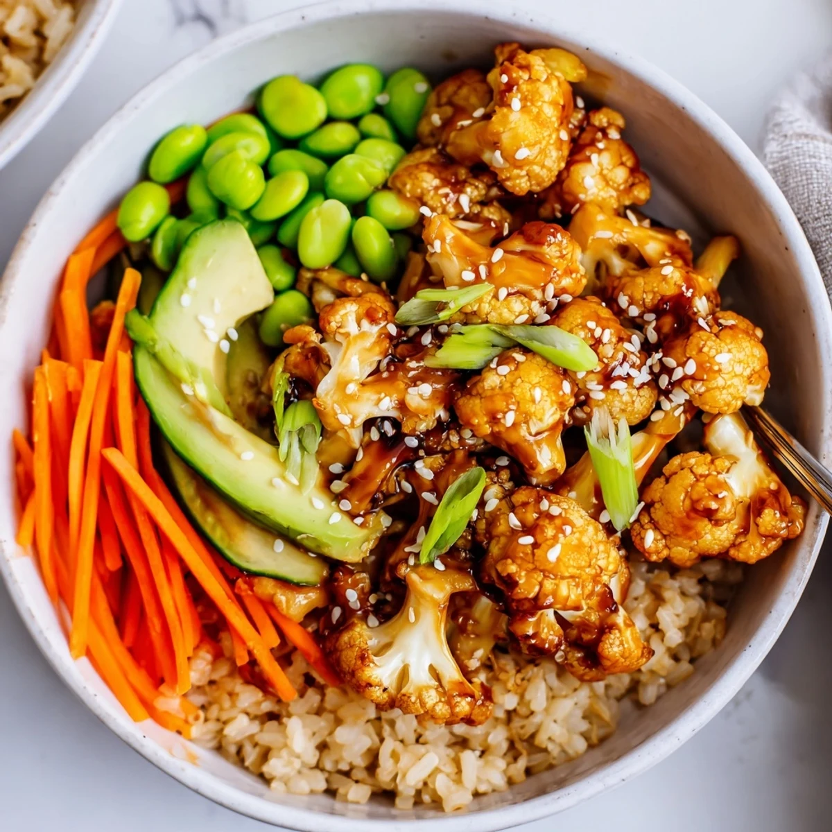 Teriyaki Cauliflower Power Bowls with golden roasted florets, glossy sauce, sliced avocado