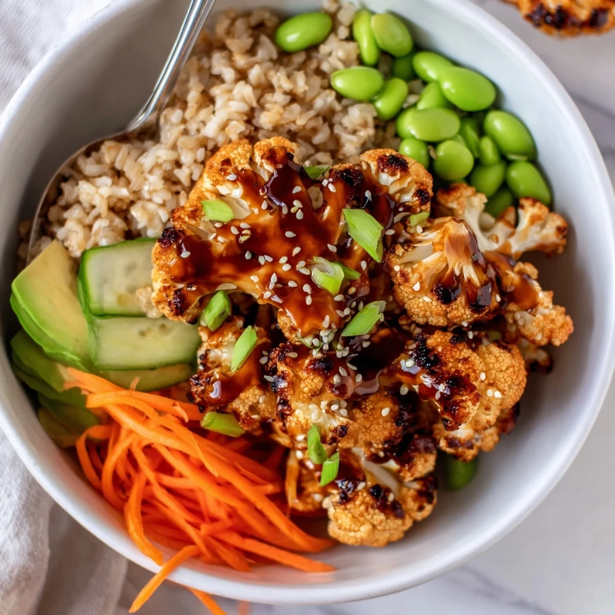 Creamy avocado and crisp cucumber top Teriyaki Cauliflower Power Bowls for dinner