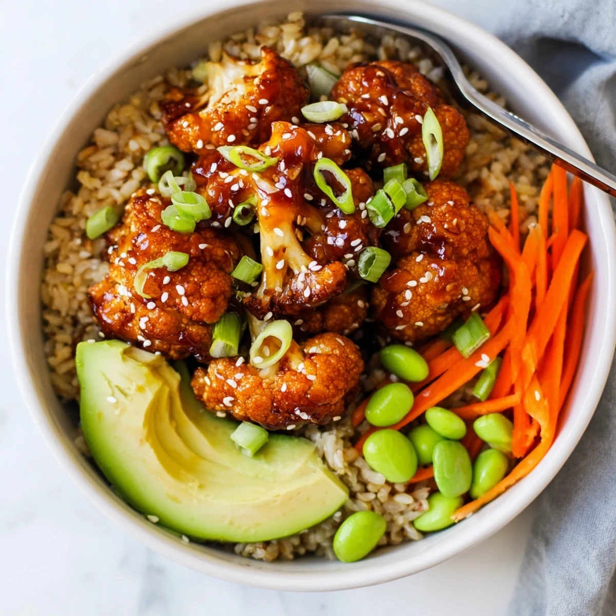 Warm jasmine rice and sesame-speckled Teriyaki Cauliflower Power Bowls, earthy ginger aroma