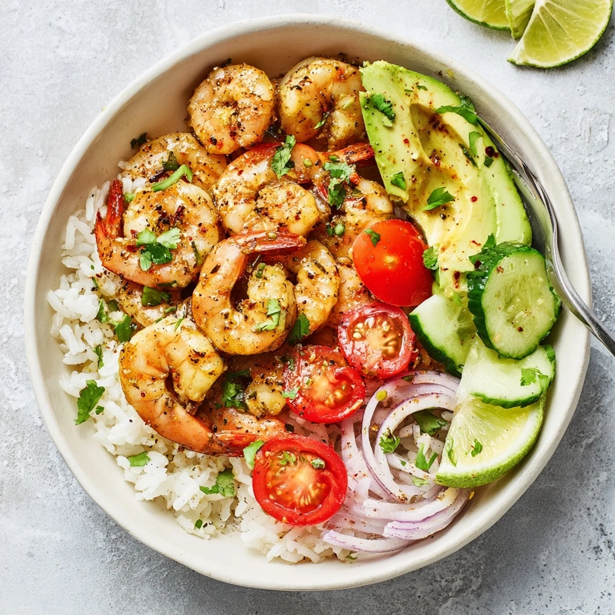 Garlic Shrimp Bowl Recipe Dinner served over steaming rice with zesty lime wedges