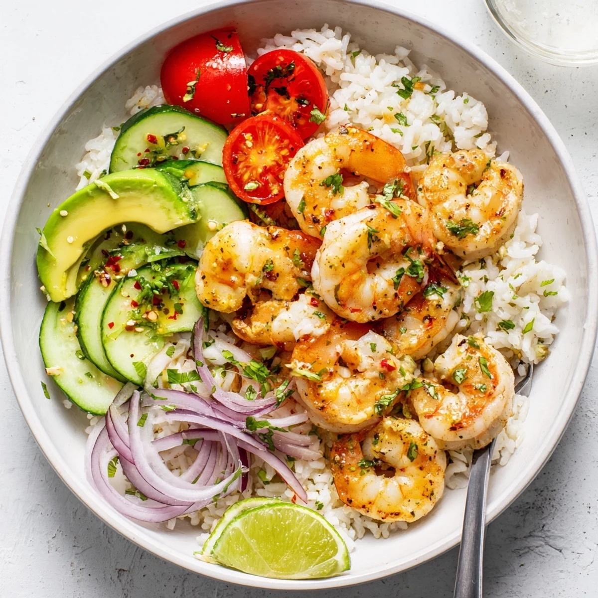 Warm Garlic Shrimp Bowl Recipe Dinner with sizzling shrimp, creamy avocado, tomatoes