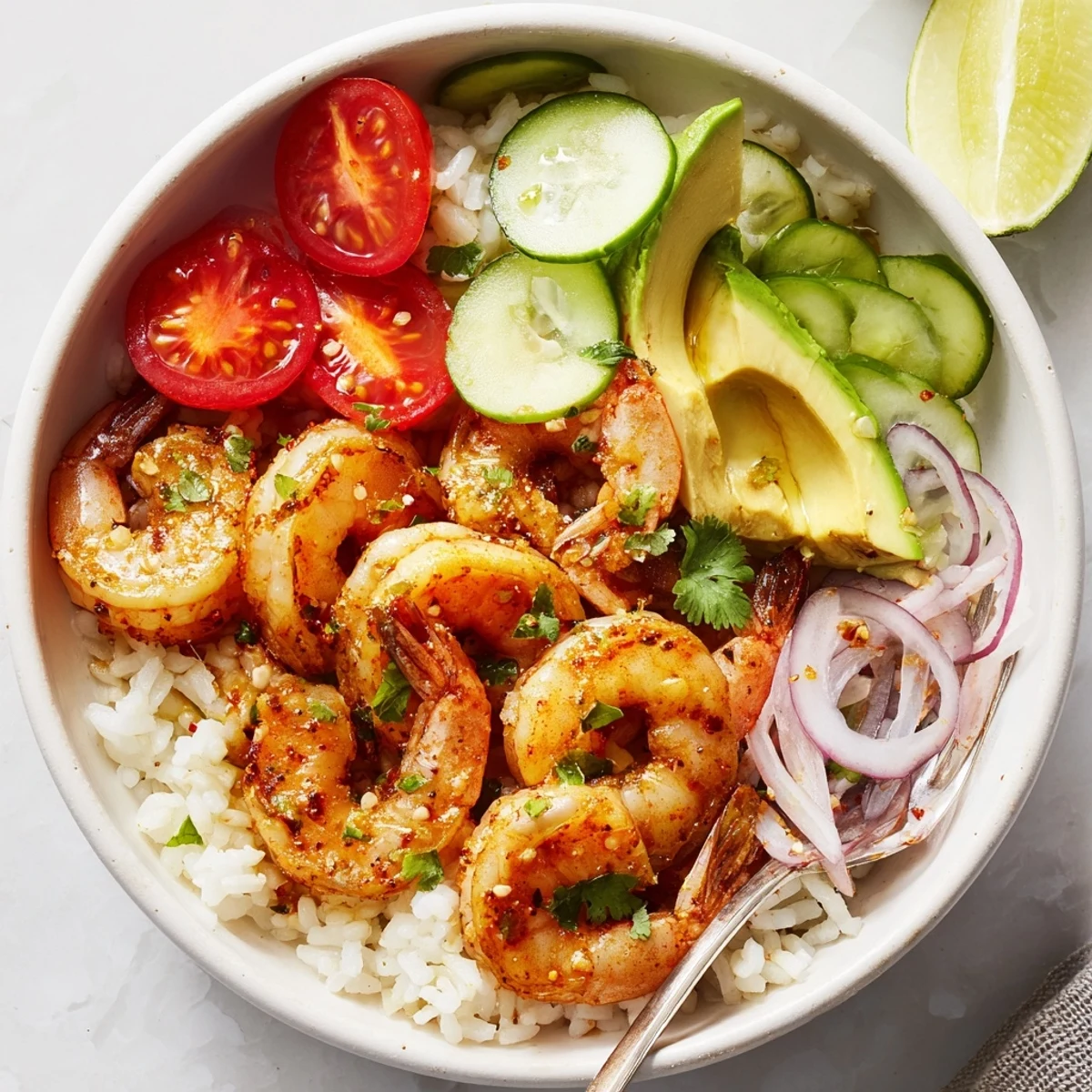 Colorful Garlic Shrimp Bowl Recipe Dinner topped with cilantro, crunchy cucumber, lime